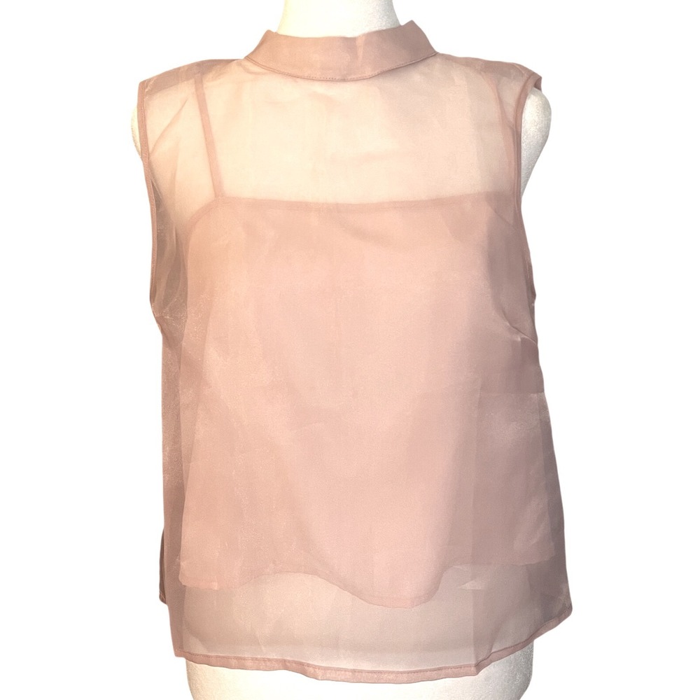 Forever 21 Blush Pink Sheer Organza Mock Neck Open Back Tie Top Small Women NWOT